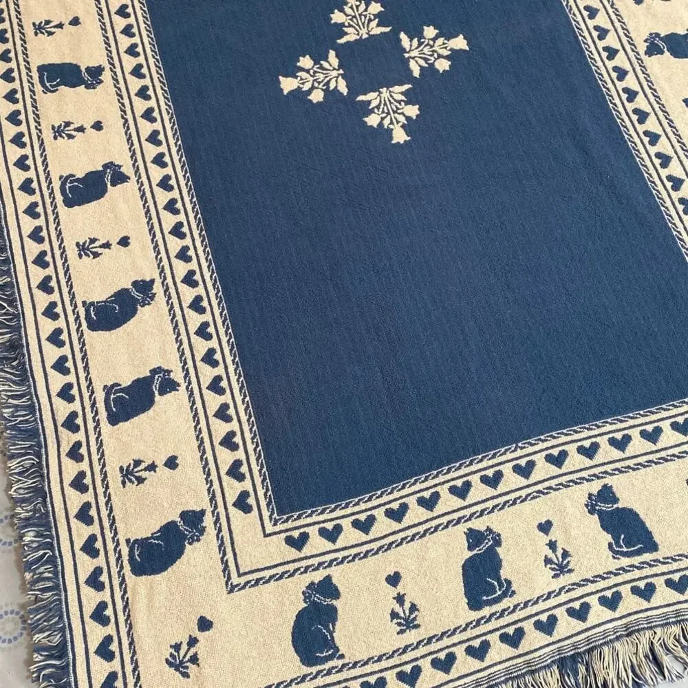 Vintage Cats & Hearts Tapestry Reversible Throw Blanket Fringe Navy Blue Kitty